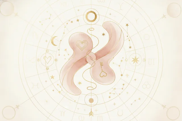 Ilustração etérea de astrologia da nova era com silhuetas de um casal, corpos celestes, constelações e um coração brilhante, em tons pastel suaves e detalhes dourados, simbolizando o mapa astral do amor e conexões com alma.