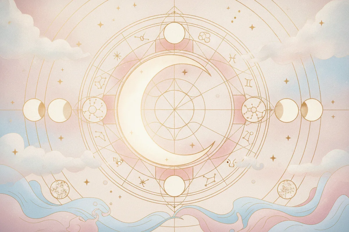 Ilustração etérea de astrologia Nova Era com a Lua crescente integrada a um mapa celestial, em tons pastéis e detalhes dourados, simbolizando a conexão emocional no mapa astral online.