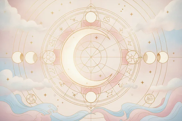 Ilustração etérea de astrologia Nova Era com a Lua crescente integrada a um mapa celestial, em tons pastéis e detalhes dourados, simbolizando a conexão emocional no mapa astral online.
