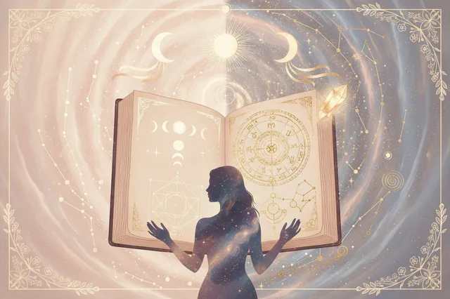 Ilustração etérea de astrologia da nova era, com cores suaves e detalhes em dourado, mostrando a diferença entre um mapa astral fragmentado e um mapa integrado e brilhante, simbolizando a profundidade do autoconhecimento.