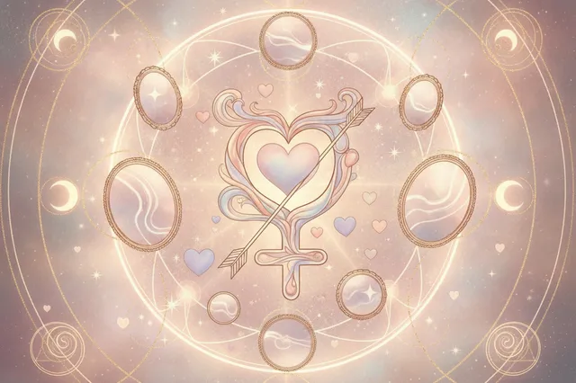 Ilustração etérea de Vênus retrógrado em 2025, com um coração e símbolo de Vênus em tons pastel e dourados, representando amor e autoconhecimento.