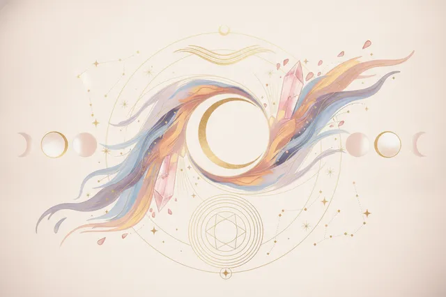 Ilustração etérea da Lua no mapa astral, com cores pastel suaves e detalhes dourados, simbolizando a jornada de autoconhecimento e as emoções femininas.