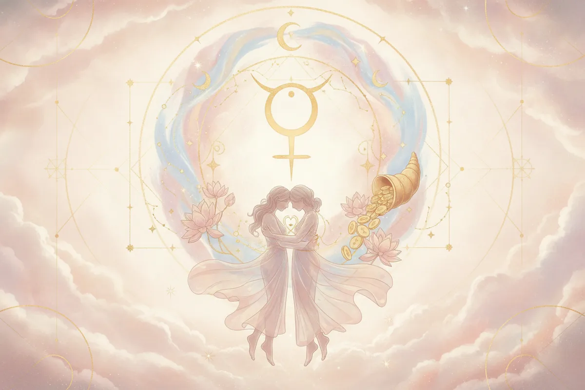 Ilustração etérea de astrologia Nova Era com o símbolo de Vênus, um coração e um cifrão, envoltos em energia cósmica suave, tons pastéis e detalhes dourados.