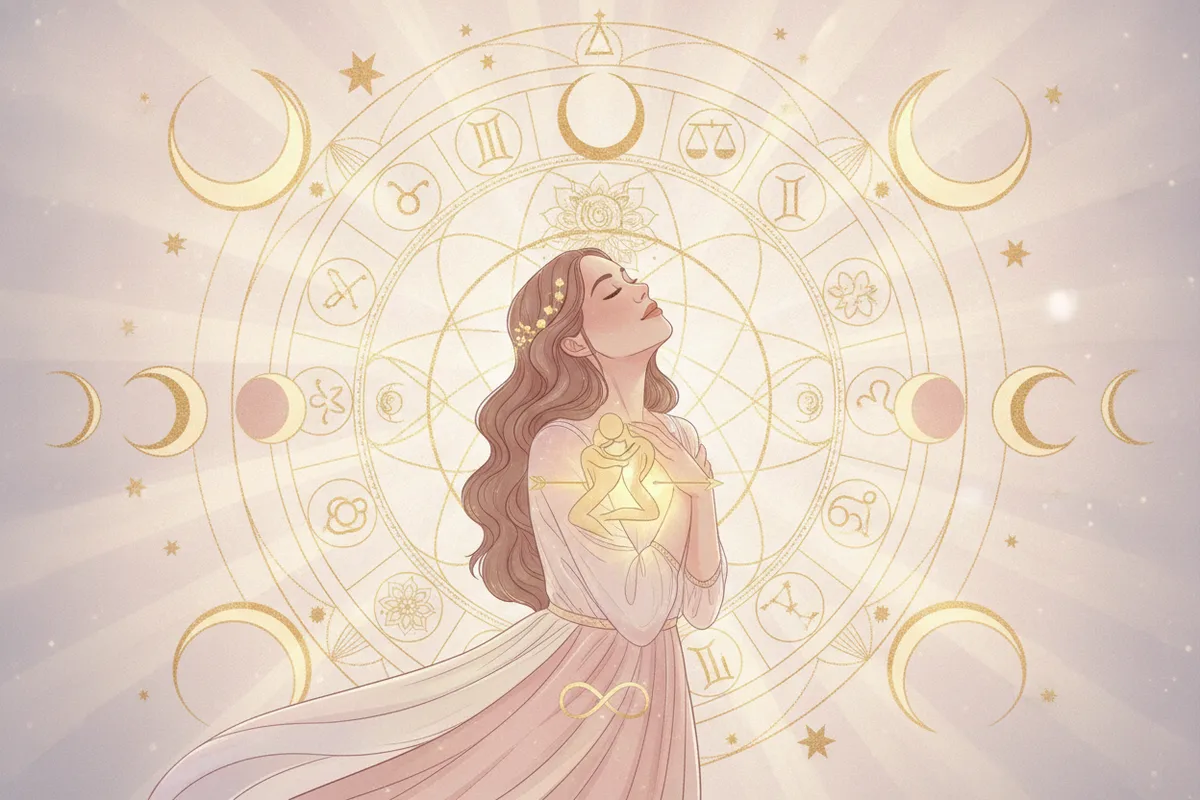 Ilustração etérea de astrologia nova era com tons pastel e detalhes dourados, mostrando uma mulher em paz com símbolos cósmicos, representando o poder pessoal no amor.