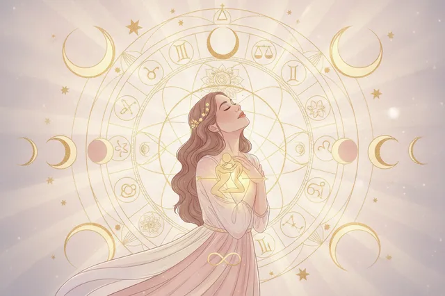 Ilustração etérea de astrologia nova era com tons pastel e detalhes dourados, mostrando uma mulher em paz com símbolos cósmicos, representando o poder pessoal no amor.