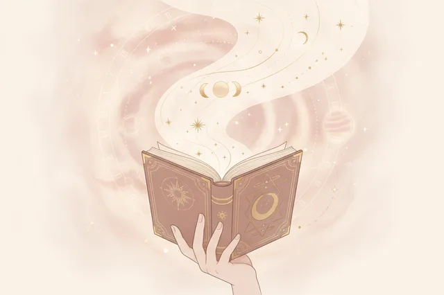 Ilustração etérea de astrologia nova era com cores pastel e detalhes dourados, mostrando uma mão segurando um livro aberto com símbolos celestiais e escrita fluida, representando a interpretação de um mapa astral.