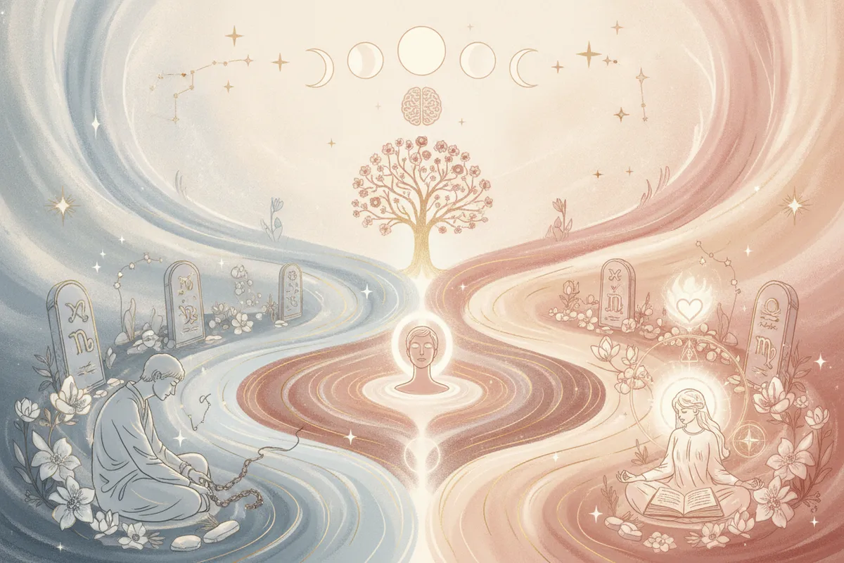 Ilustração etérea mostrando duas abordagens astrológicas: uma tradicional com símbolos antigos e outra da Nova Era com energia fluida e uma mulher empoderada, simbolizando o despertar do autoconhecimento e propósito.