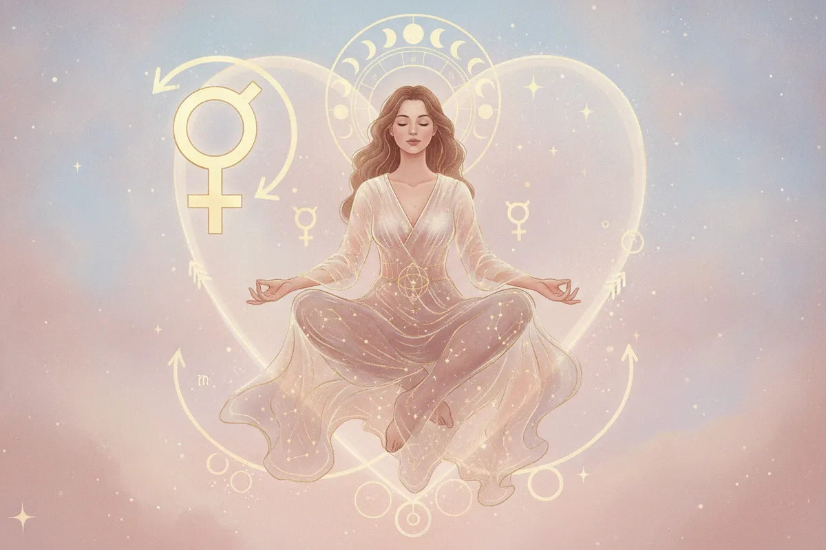 Ilustração etérea de Vênus Retrógrado com uma mulher em meditação, símbolos astrológicos e cores suaves, representando autoconhecimento e cura.