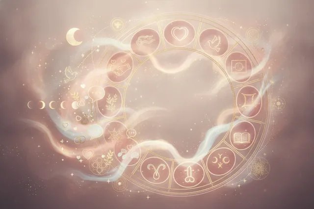Ilustração etérea de astrologia Nova Era, mostrando casas astrológicas interconectadas com símbolos de amor e parceria, em tons pastéis suaves e detalhes dourados, transmitindo misticismo e sonho.
