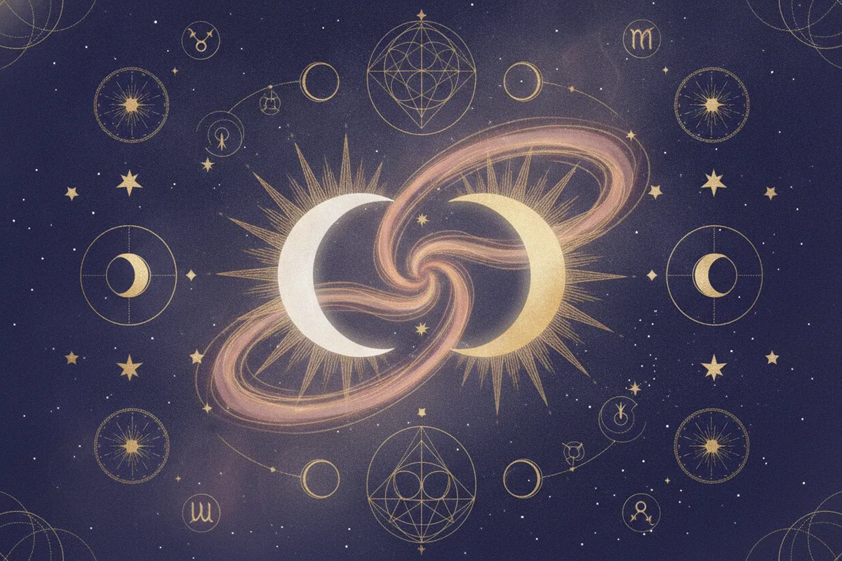 Ilustração etérea de astrologia Nova Era com cores pastel suaves e detalhes dourados, mostrando o Sol e a Lua quase se tocando, simbolizando a combustão e o fluxo de energia entre eles.