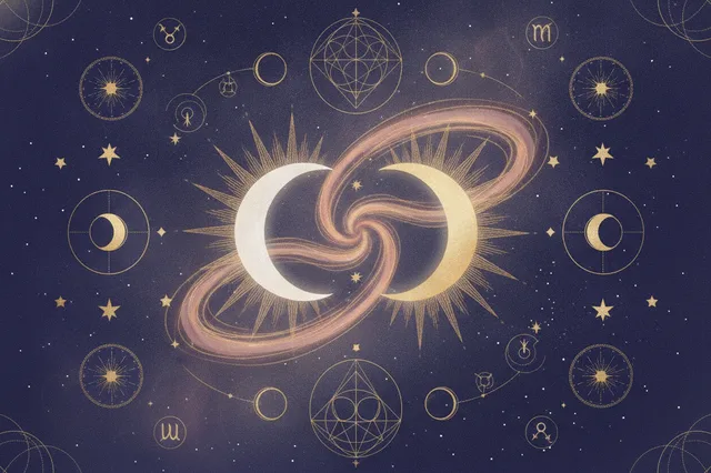 Ilustração etérea de astrologia Nova Era com cores pastel suaves e detalhes dourados, mostrando o Sol e a Lua quase se tocando, simbolizando a combustão e o fluxo de energia entre eles.