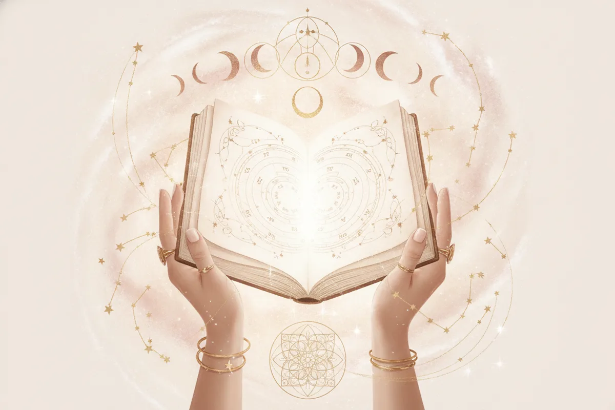 Mãos femininas segurando um livro aberto com símbolos astrológicos e estrelas, representando o mapa astral em PDF como um guia espiritual.