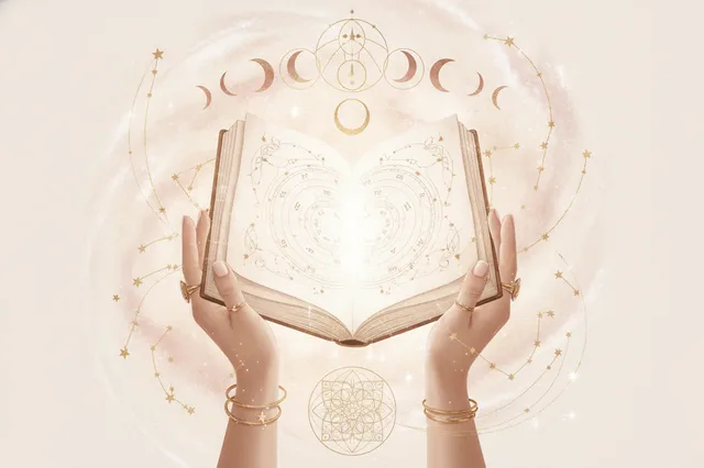 Mãos femininas segurando um livro aberto com símbolos astrológicos e estrelas, representando o mapa astral em PDF como um guia espiritual.