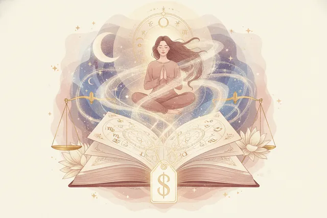 Ilustração etérea de astrologia Nova Era com cores pastel e detalhes dourados, mostrando uma mulher olhando um mapa astral brilhante, com linhas de energia místicas conectando as estrelas ao seu coração.