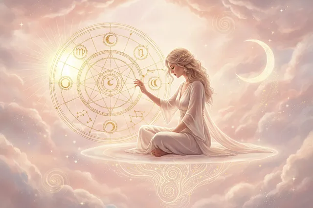 Ilustração etérea de um mapa astral com cores suaves e detalhes dourados, evocando misticismo e a Nova Era, com a silhueta de uma mulher em contemplação.