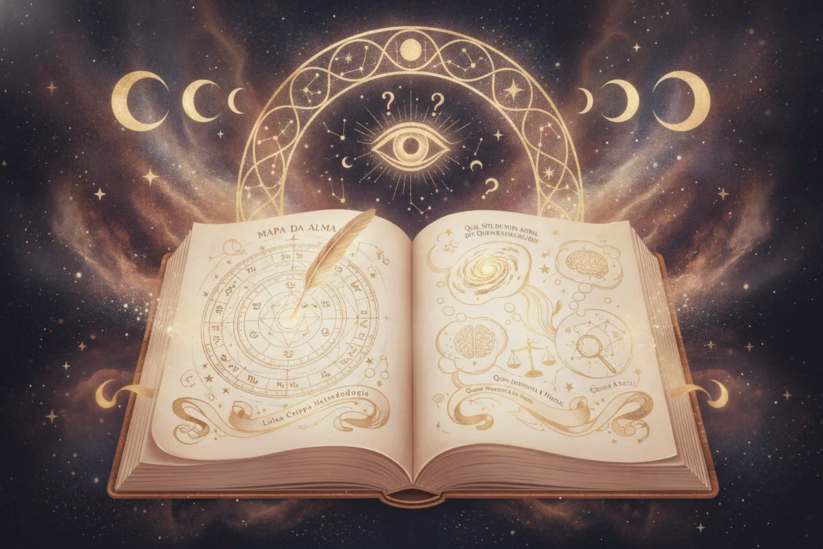 Ilustração etérea de um livro aberto com símbolos astrológicos e planetas, em tons pastéis e detalhes dourados, evocando mistério e autoconhecimento astrológico da Nova Era.