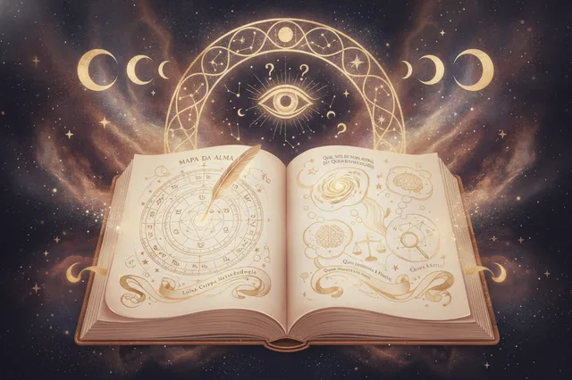 Ilustração etérea de um livro aberto com símbolos astrológicos e planetas, em tons pastéis e detalhes dourados, evocando mistério e autoconhecimento astrológico da Nova Era.