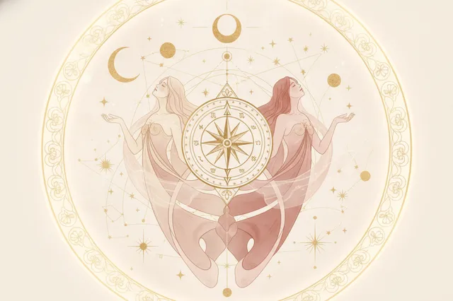 Ilustração etérea de astrologia Nova Era, com um eixo celestial conectando dois pontos opostos que representam o ascendente e o descendente, em tons pastel suaves e detalhes dourados, com silhuetas femininas em meditação, simbolizando autoconhecimento e conexão.