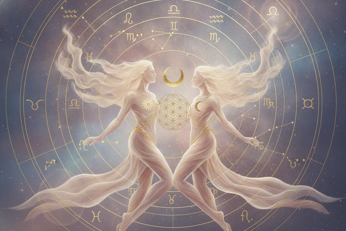 Ilustração etérea de mapa astral com duas figuras entrelaçadas, cores pastel suaves e detalhes dourados, representando a união e a sinergia de um casal sob a luz da astrologia.