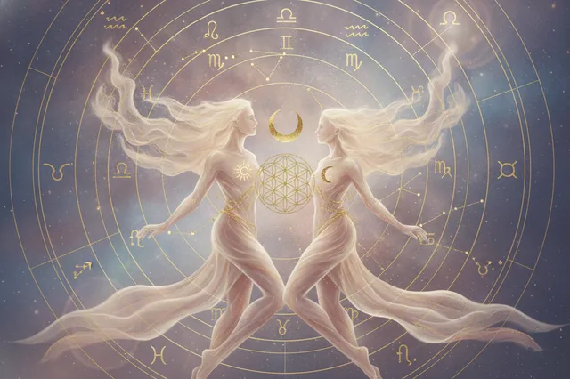 Ilustração etérea de mapa astral com duas figuras entrelaçadas, cores pastel suaves e detalhes dourados, representando a união e a sinergia de um casal sob a luz da astrologia.