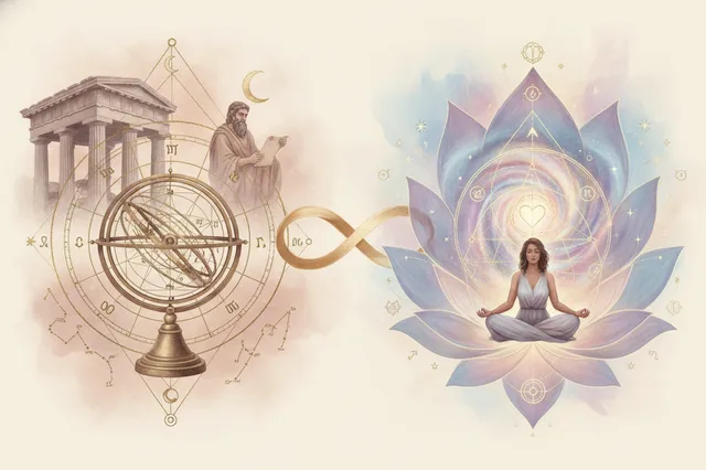 Ilustração etérea mostrando duas mandalas astrológicas: uma com símbolos antigos e fixos, a outra vibrante com um ser em crescimento e energia fluida, simbolizando as diferenças entre astrologia tradicional e da nova era.