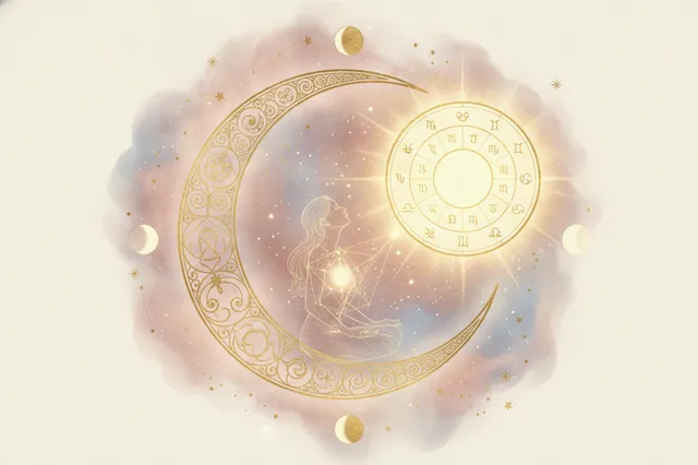 Ilustração etérea de astrologia Nova Era com uma lua crescente brilhante integrada a um mapa celestial, em tons pastéis suaves e detalhes dourados, simbolizando a energia intuitiva e o poder pessoal.