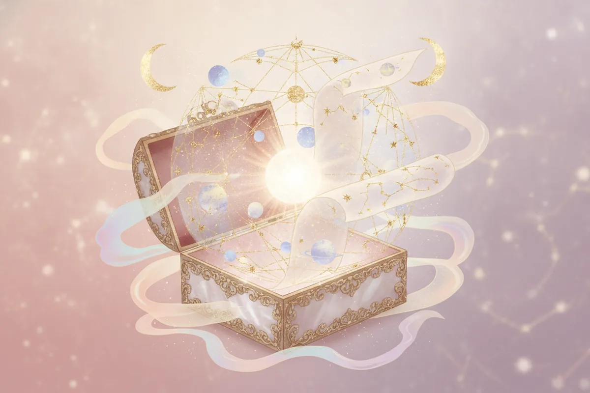 Ilustração etérea de astrologia Nova Era, com uma caixa de presente se abrindo para revelar um mapa astral celestial brilhante, cercado por estrelas e energia cósmica suave, em tons pastel com detalhes em dourado, transmitindo uma sensação mística e sonhadora.