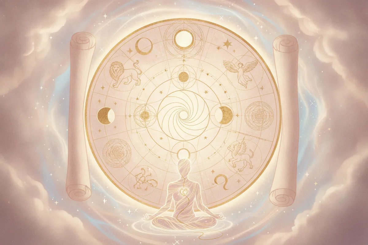 Ilustração etérea de astrologia Nova Era com cores suaves e detalhes dourados, mostrando símbolos astrológicos e arquétipos junguianos convergindo em uma silhueta humana radiante, representando a conexão da alma e o autoconhecimento.
