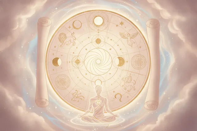 Ilustração etérea de astrologia Nova Era com cores suaves e detalhes dourados, mostrando símbolos astrológicos e arquétipos junguianos convergindo em uma silhueta humana radiante, representando a conexão da alma e o autoconhecimento.