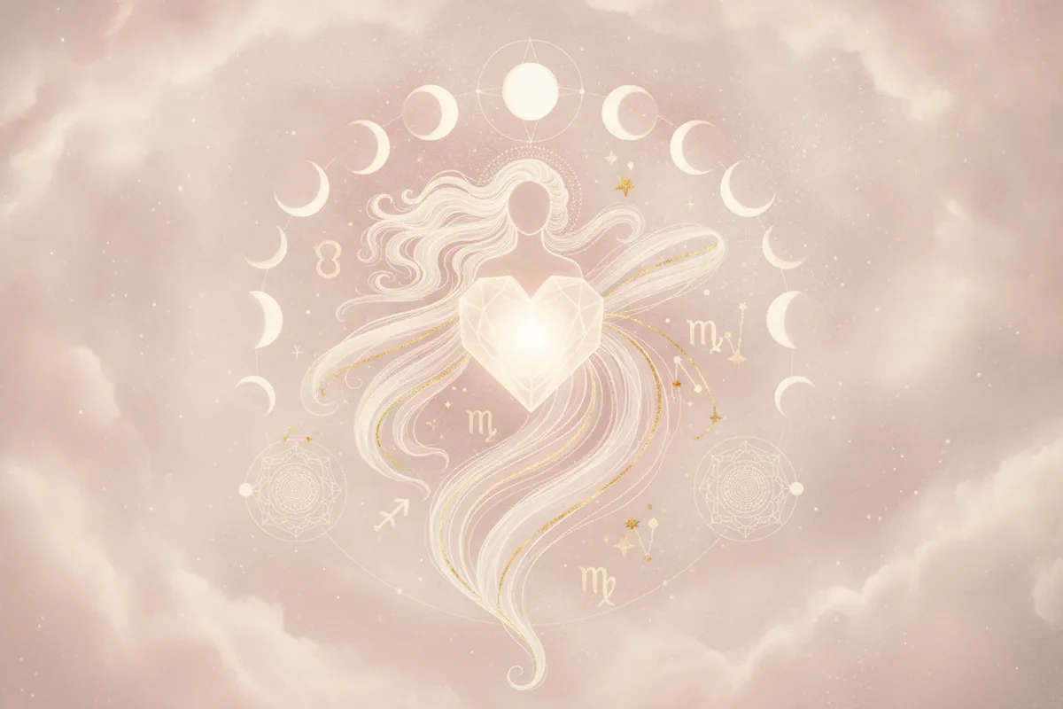 Ilustração etérea do símbolo de Vênus, com cores pastel suaves e detalhes dourados, representando o amor e o prazer na astrologia da Nova Era, com energia cósmica fluindo