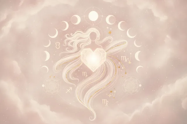 Ilustração etérea do símbolo de Vênus, com cores pastel suaves e detalhes dourados, representando o amor e o prazer na astrologia da Nova Era, com energia cósmica fluindo