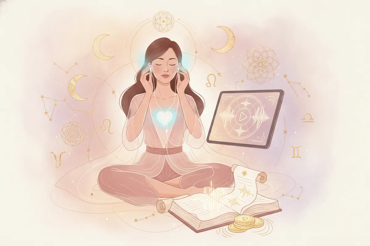 Ilustração etérea de astrologia Nova Era, com uma mulher em tons pastéis ouvindo uma esfera celestial brilhante, cercada por símbolos astrológicos, representando a conexão com o autoconhecimento em áudio.