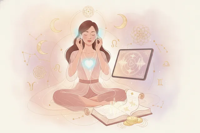 Ilustração etérea de astrologia Nova Era, com uma mulher em tons pastéis ouvindo uma esfera celestial brilhante, cercada por símbolos astrológicos, representando a conexão com o autoconhecimento em áudio.