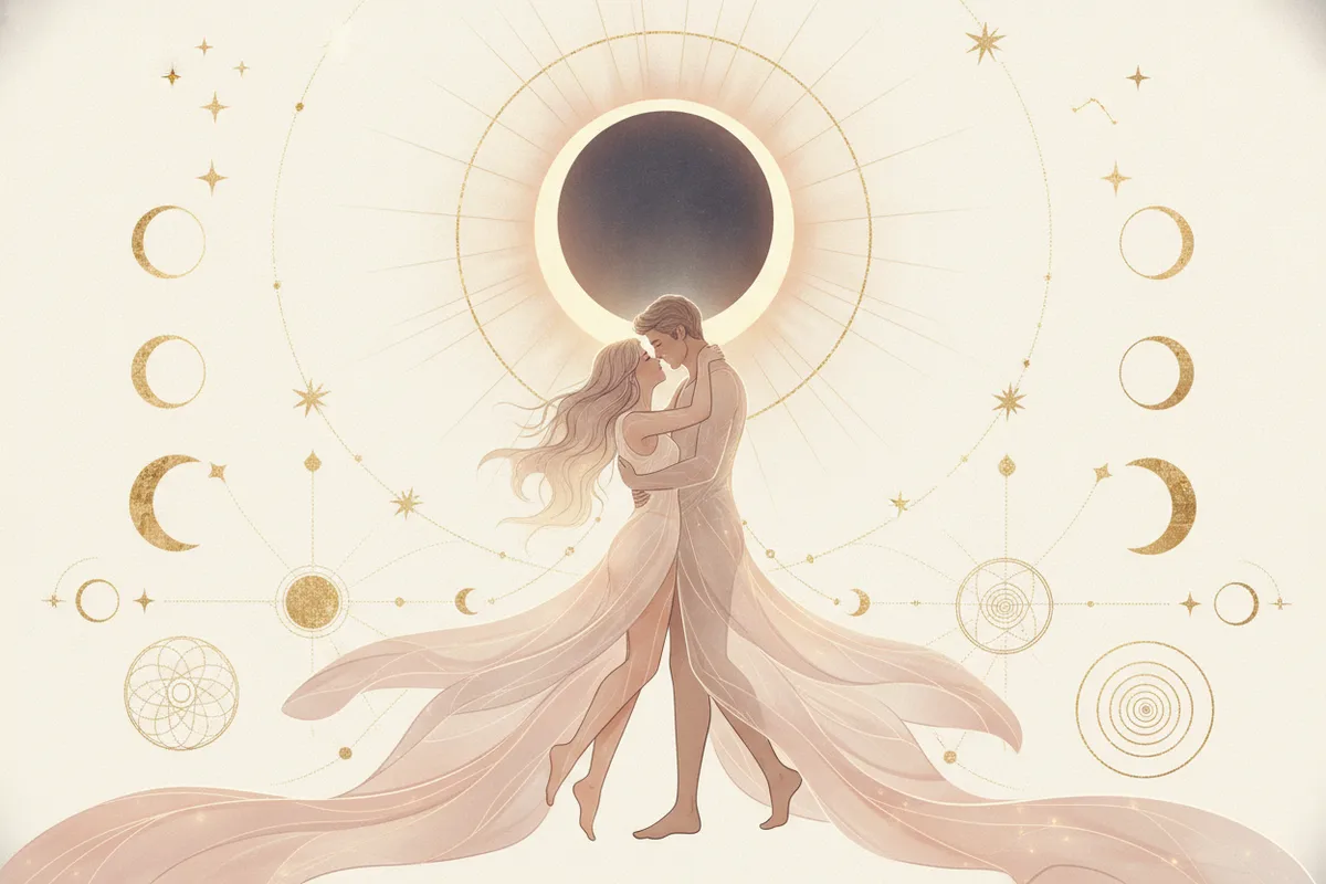Ilustração etérea de um casal sob a luz de um eclipse lunar e solar, com energias cósmicas e tons pastéis, simbolizando o impacto astrológico nas paixões e relacionamentos.
