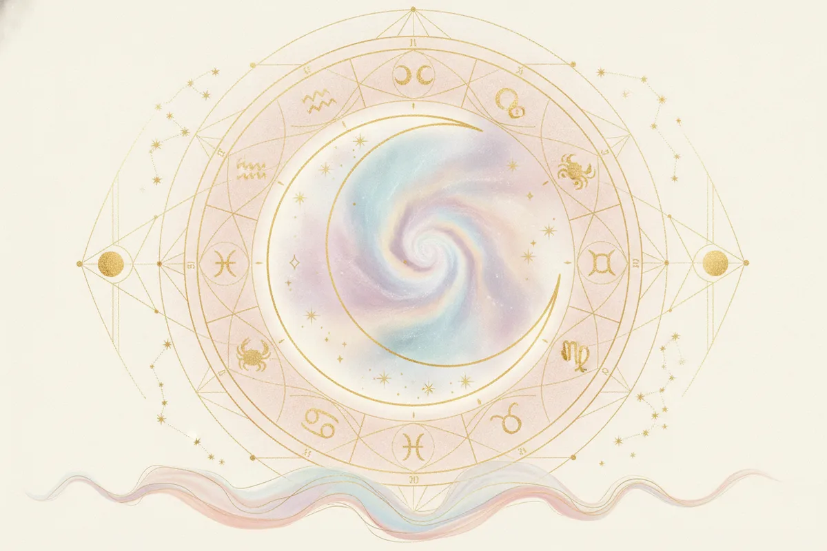 Ilustração etérea de astrologia Nova Era com a Lua crescente no centro de um mapa astral, cores pastel e dourado, energia mística e feminina