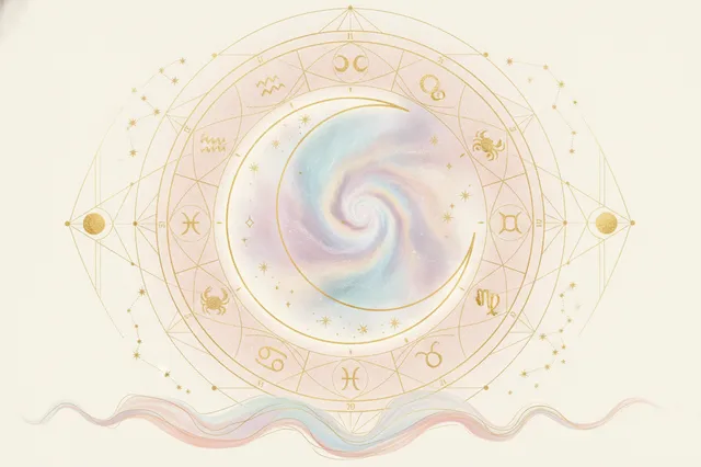 Ilustração etérea de astrologia Nova Era com a Lua crescente no centro de um mapa astral, cores pastel e dourado, energia mística e feminina