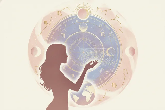 Ilustração etérea de mapa astral com cores suaves e detalhes dourados, silhueta de mulher observando energia cósmica, representando a busca por autoconhecimento.