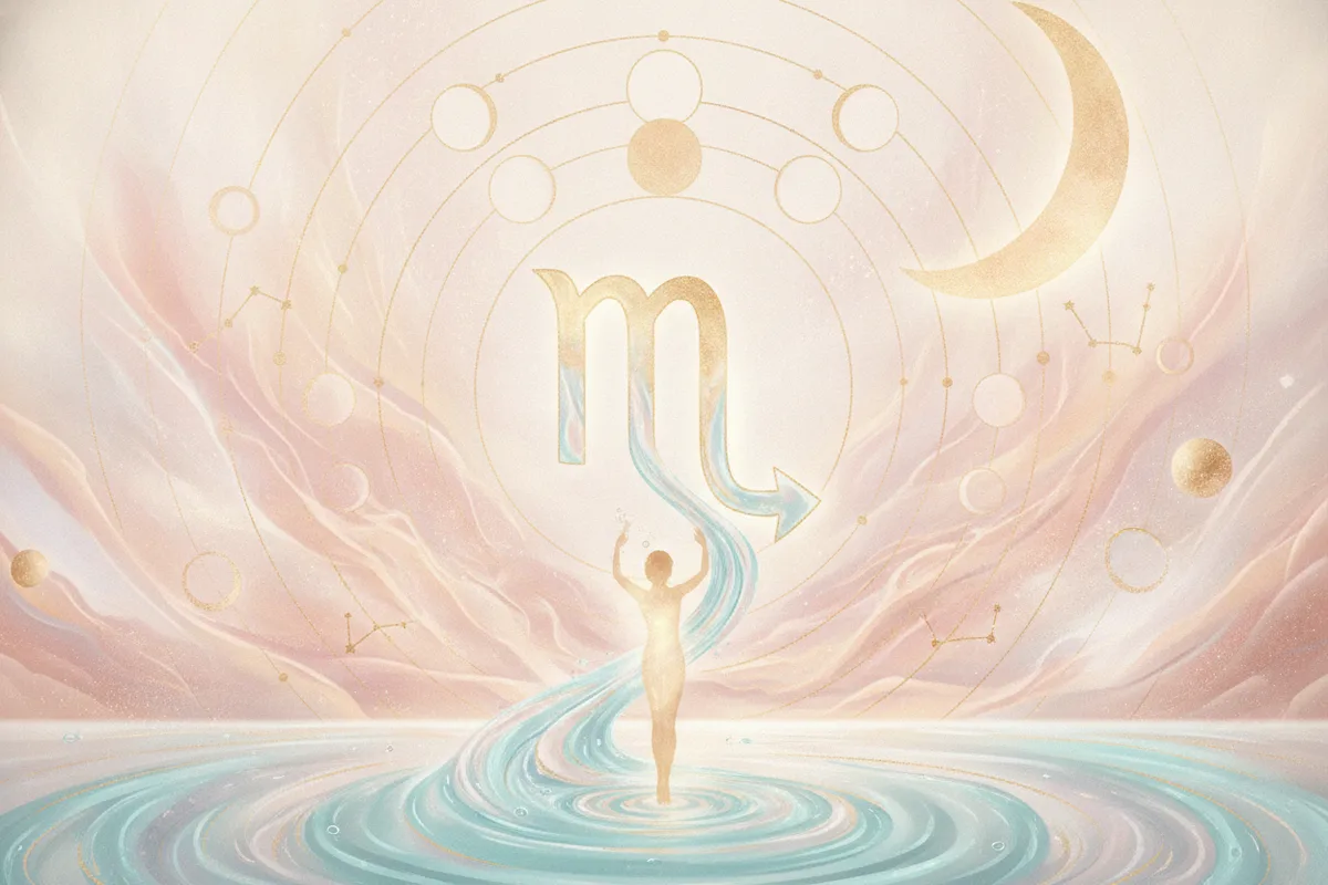 Ilustração etérea e mística do signo de Escorpião, com um escorpião emergindo da água em tons pastel, dourados e energia de transformação.