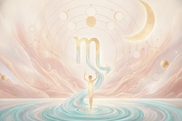 Ilustração etérea e mística do signo de Escorpião, com um escorpião emergindo da água em tons pastel, dourados e energia de transformação.