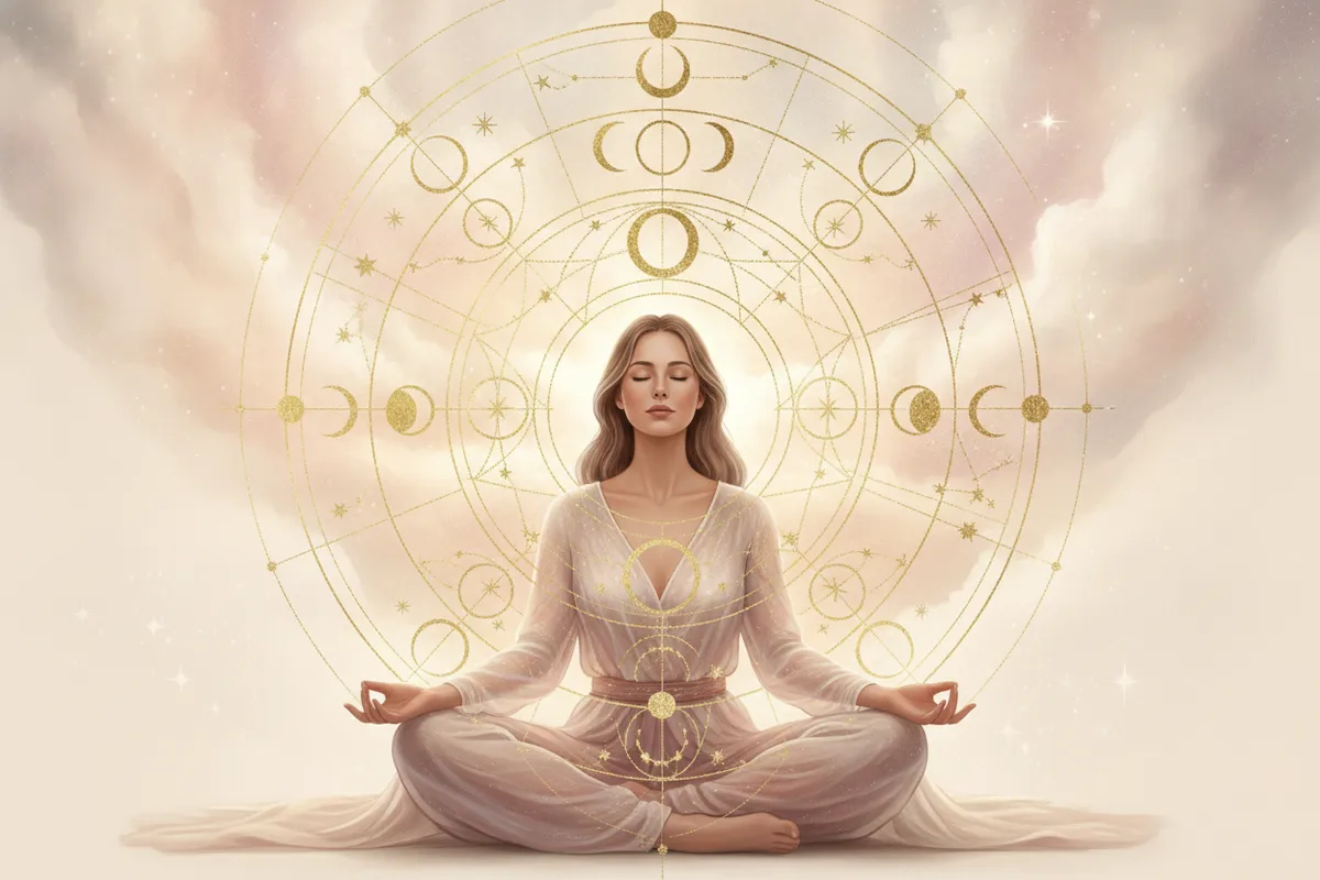 Ilustração etérea de astrologia Nova Era com cores pastel suaves e detalhes dourados. Uma mão feminina toca um mapa astral brilhante com símbolos místicos, em meio a poeira cósmica e raios de luz.