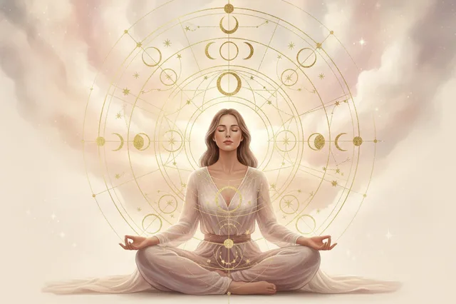 Ilustração etérea de astrologia Nova Era com cores pastel suaves e detalhes dourados. Uma mão feminina toca um mapa astral brilhante com símbolos místicos, em meio a poeira cósmica e raios de luz.