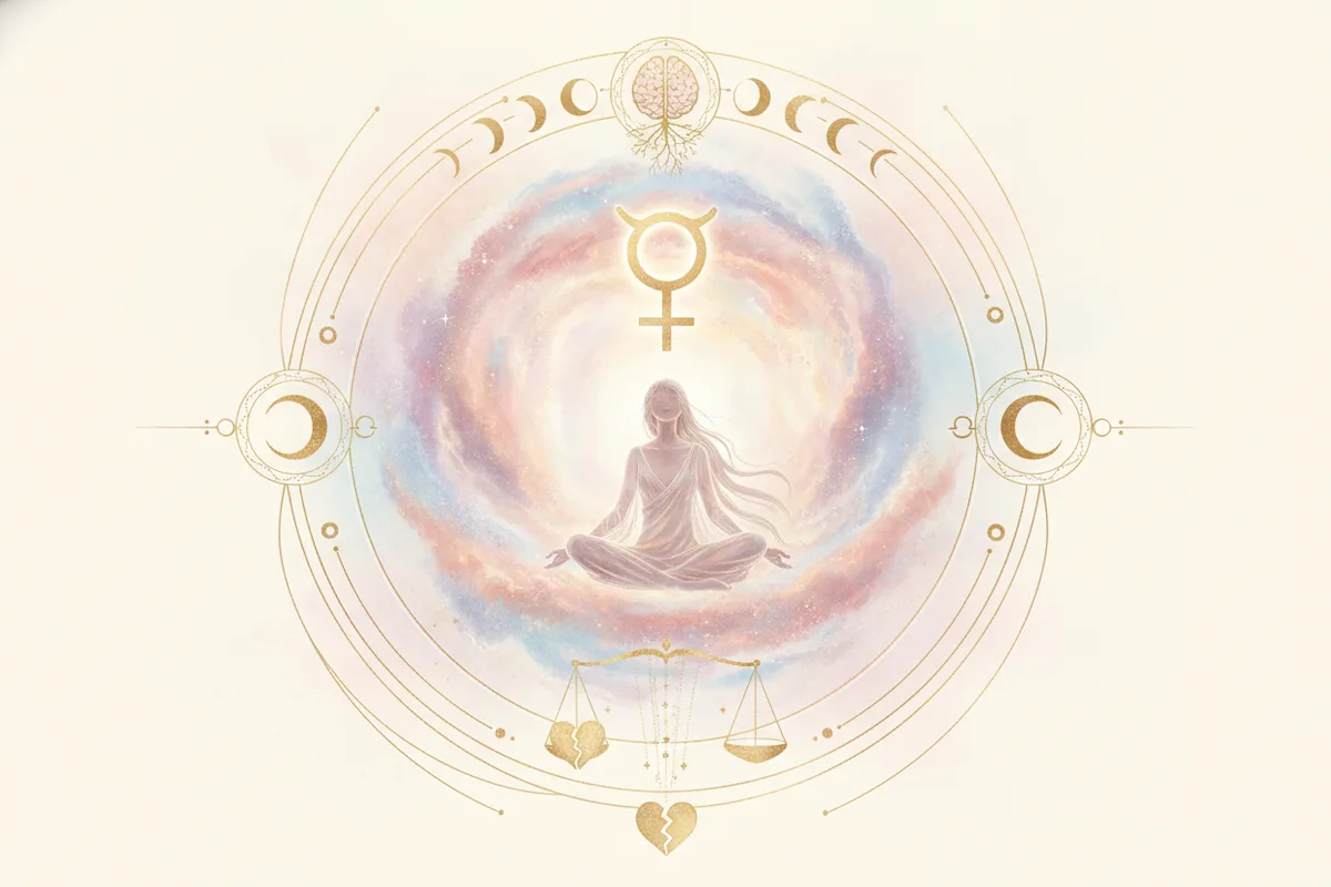 Ilustração etérea de astrologia Nova Era com uma mulher meditando e o símbolo de Vênus, em tons pastéis e dourados, representando autoconhecimento e amor.