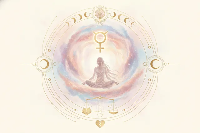 Ilustração etérea de astrologia Nova Era com uma mulher meditando e o símbolo de Vênus, em tons pastéis e dourados, representando autoconhecimento e amor.