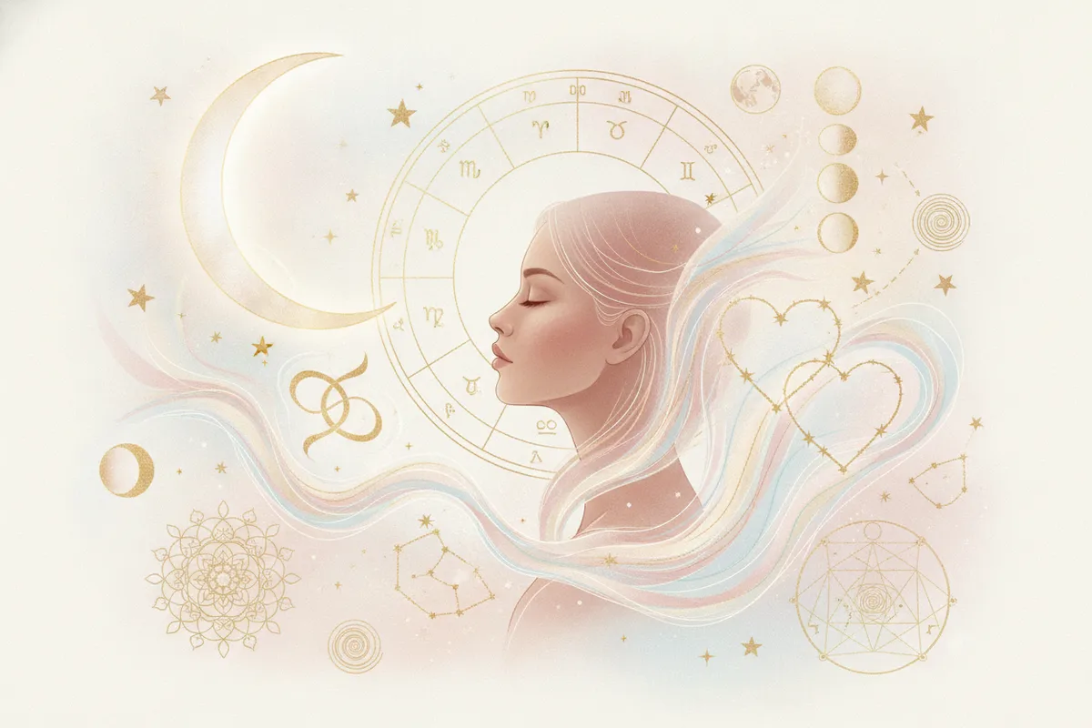 Ilustração etérea de astrologia nova era com uma lua crescente iluminando o rosto de uma mulher, representando emoções e propósito.