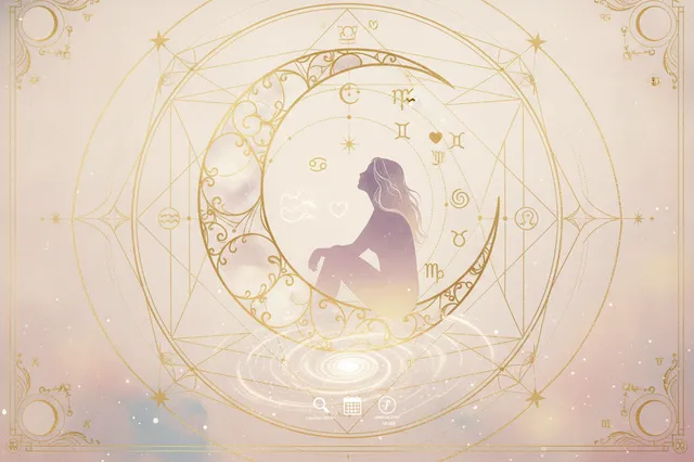 Ilustração etérea de astrologia Nova Era com o símbolo da Lua, signos do zodíaco e elementos celestiais em tons pastel e dourado, transmitindo contemplação e misticismo.
