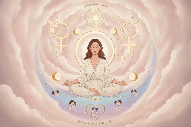Ilustração etérea de Vênus retrógrado com mulher meditando, cores pastel, símbolos astrológicos, representando introspecção em relacionamentos e emoções.