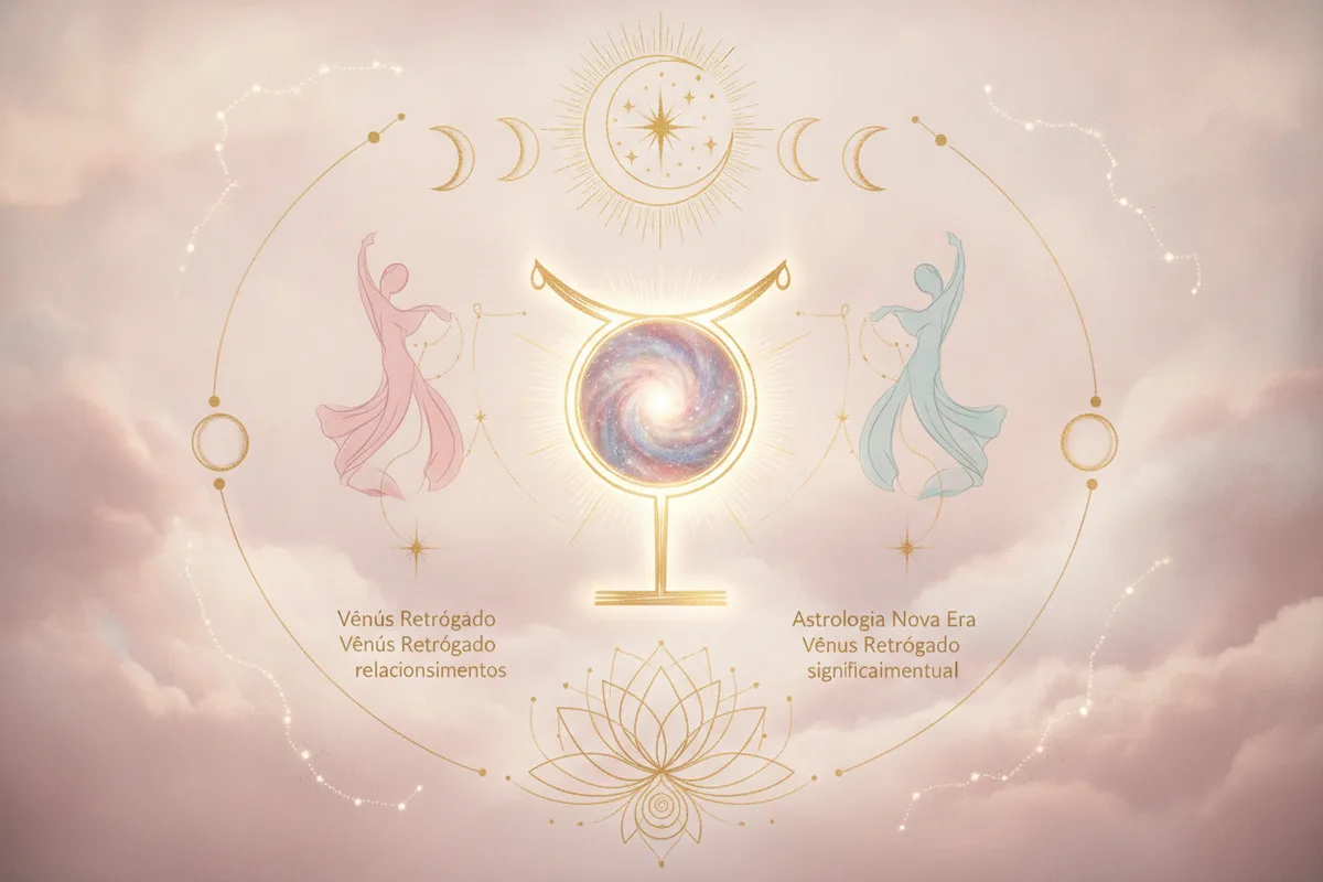Ilustração etérea de Vênus Retrógrado na Astrologia da Nova Era, com tons pastel e dourados, representando autoconhecimento e amor.