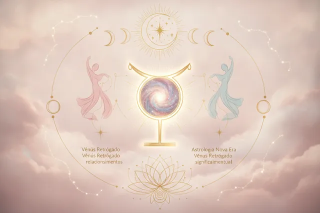 Ilustração etérea de Vênus Retrógrado na Astrologia da Nova Era, com tons pastel e dourados, representando autoconhecimento e amor.
