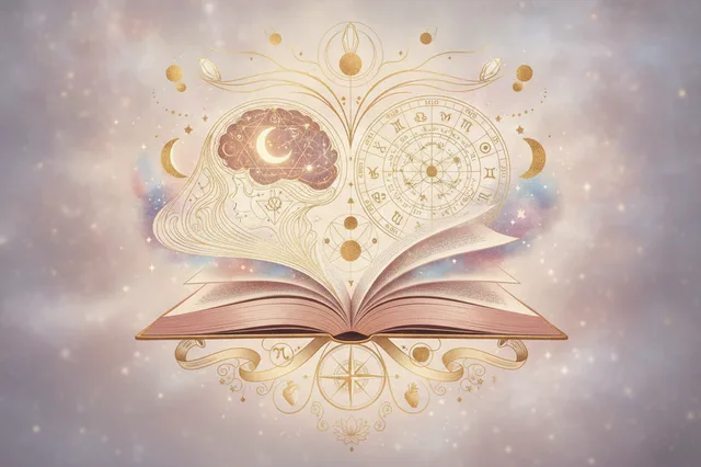 Ilustração etérea de mapa astral da alma com cores pastel, detalhes dourados e símbolos astrológicos e psicológicos abstratos.