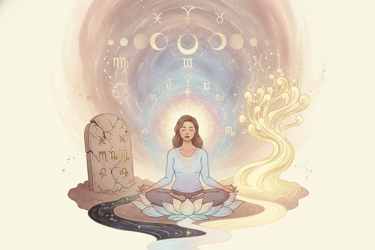Ilustração etérea de astrologia da Nova Era com cores suaves e detalhes dourados, mostrando uma mulher contemplando um mapa astral celestial com energias fluindo.